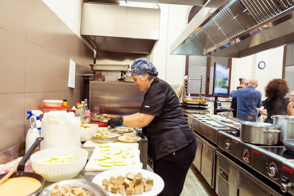 Preparing food pairings in the kitchen during the sensory wine tasting event